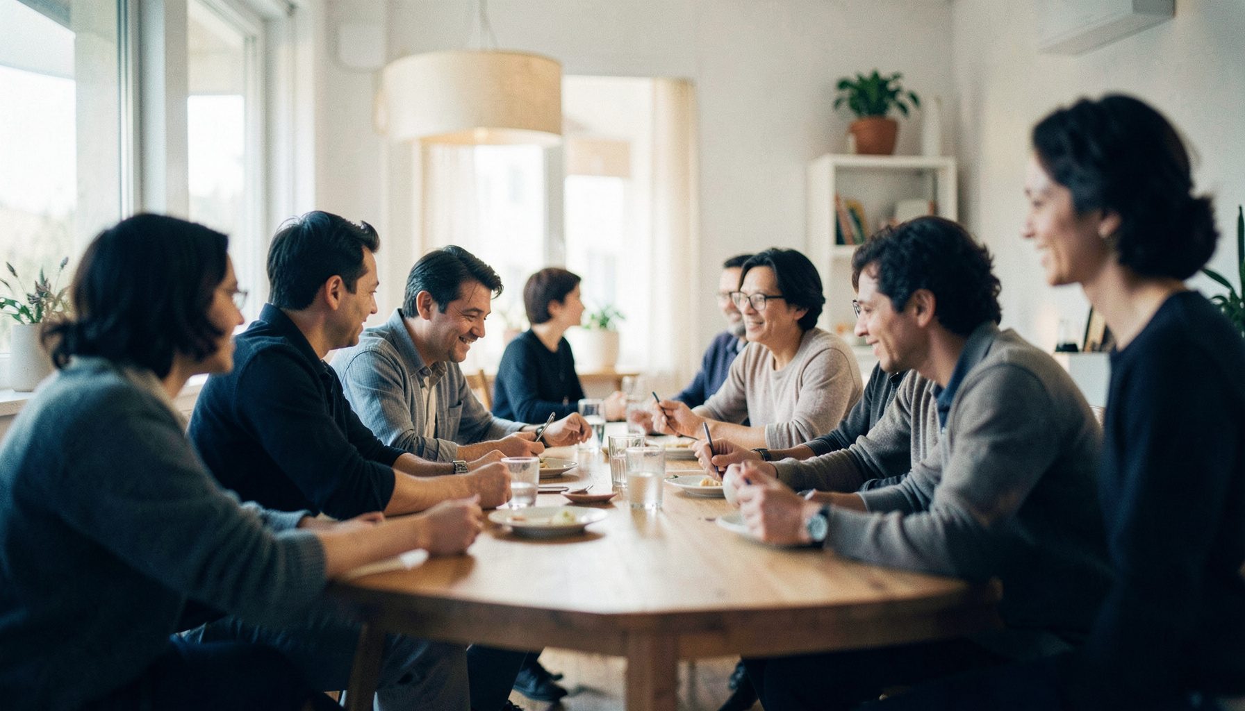 A wide cinematic frame of people collaborating around a table in a bright, airy room with soft neutral tones and warm accents