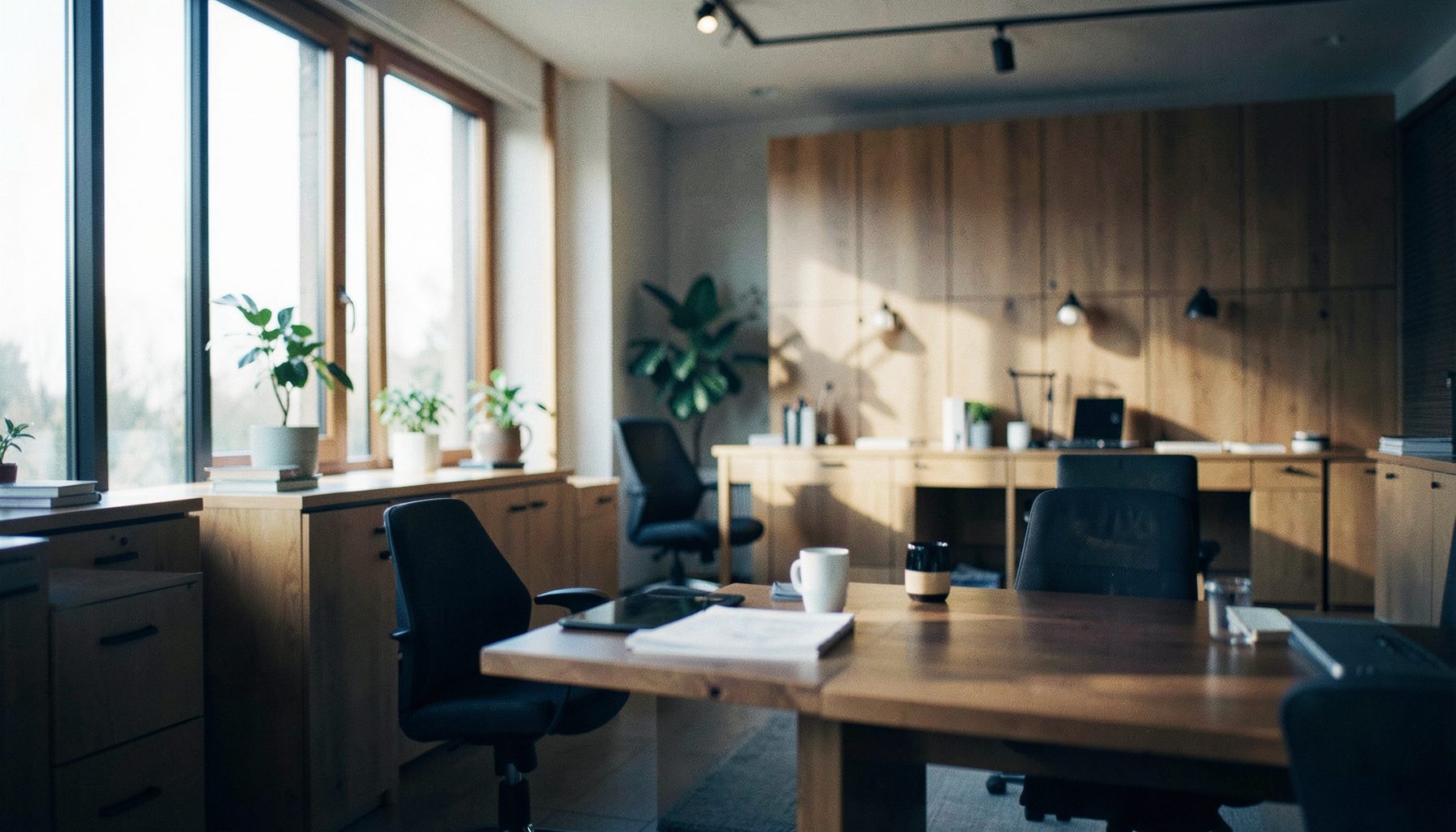 A wide cinematic frame of a sunlit modern workspace with warm wood tones and soft natural light, calm and professional atmosphere
