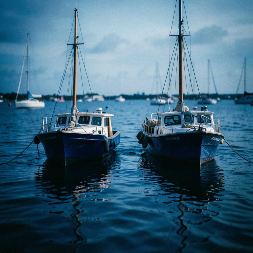 Small boats docked along a calm lakeshore with trees in the background, peaceful rural Kansas setting