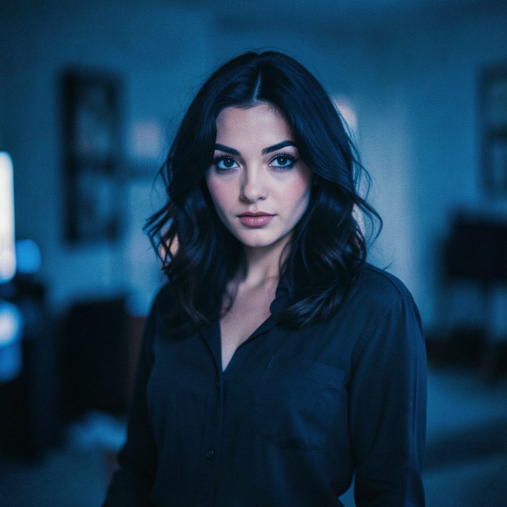 A young professional woman in a bright modern workspace, confident and focused