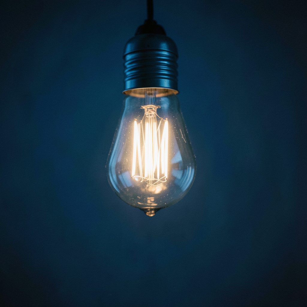 A glowing light bulb against a dark gradient background, symbolizing a bright idea and entrepreneurial inspiration