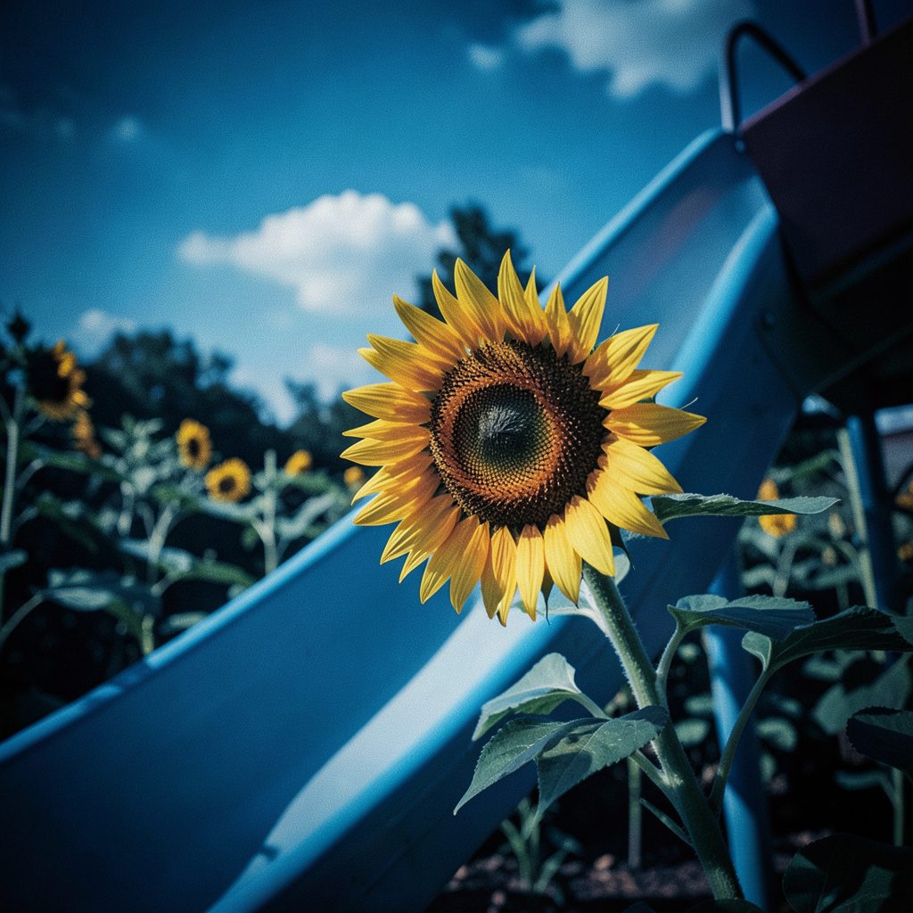 A sunflower field stretching toward the horizon under a bright sky, warm golden and green tones
